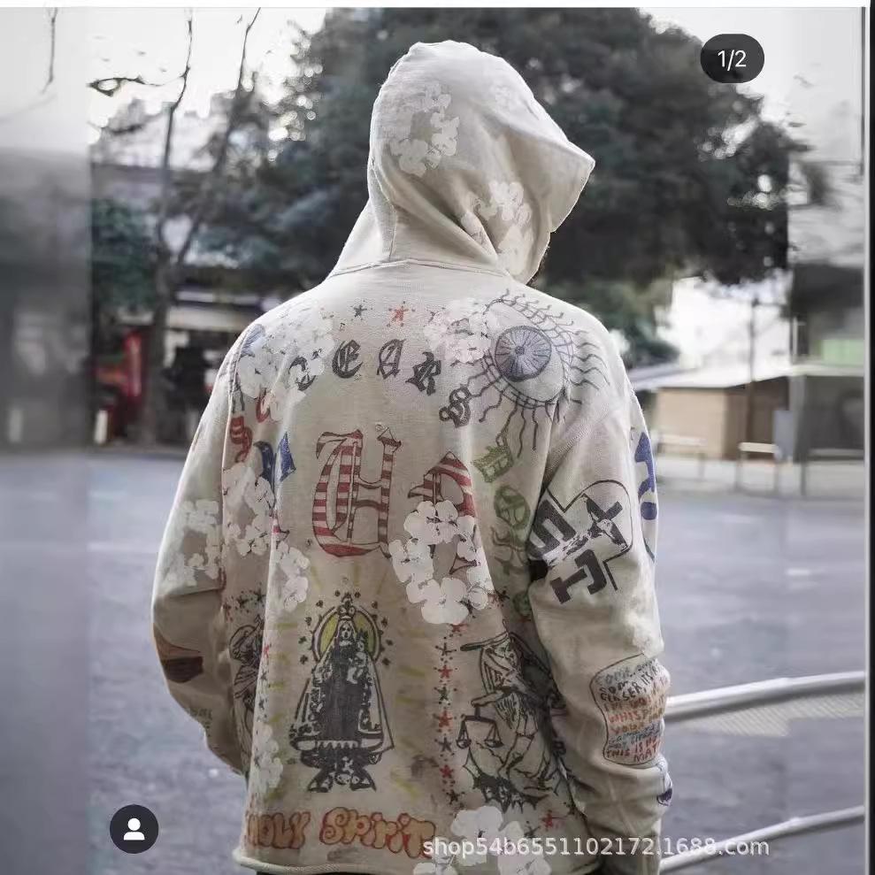 2024 Unisex Vintage Ripped Hoodie with Graffiti Print – Loose Fit, Autumn/Winter Trendy