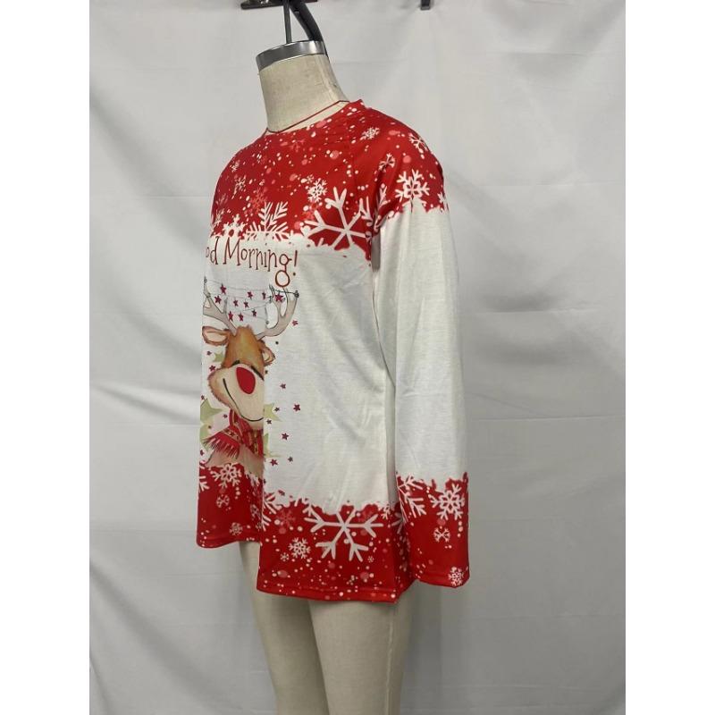 Spring and Autumn Women's Blouse Christmas Theme Printed Long Sleeve Round Neck Loose Top Moose