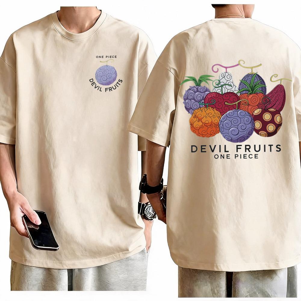 One Piece Teufelsfrüchte T-Shirt Unisex Retro Anime Grafikdruck Rundhalsausschnitt Reine Baumwolle Übergroße Mode Tops Für Männer Frauen 4XL beige
