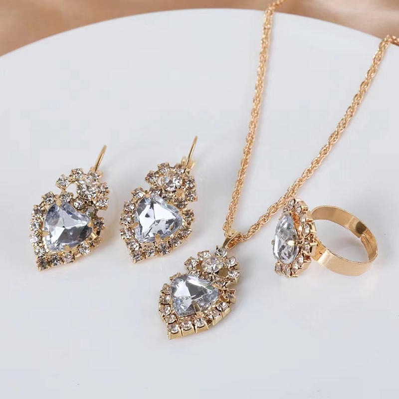 Necklace Earring Ring Three Piece Set Women's Water Droplet Heart-shaped Rhinestone Sets Fashionable Bridal Accessory