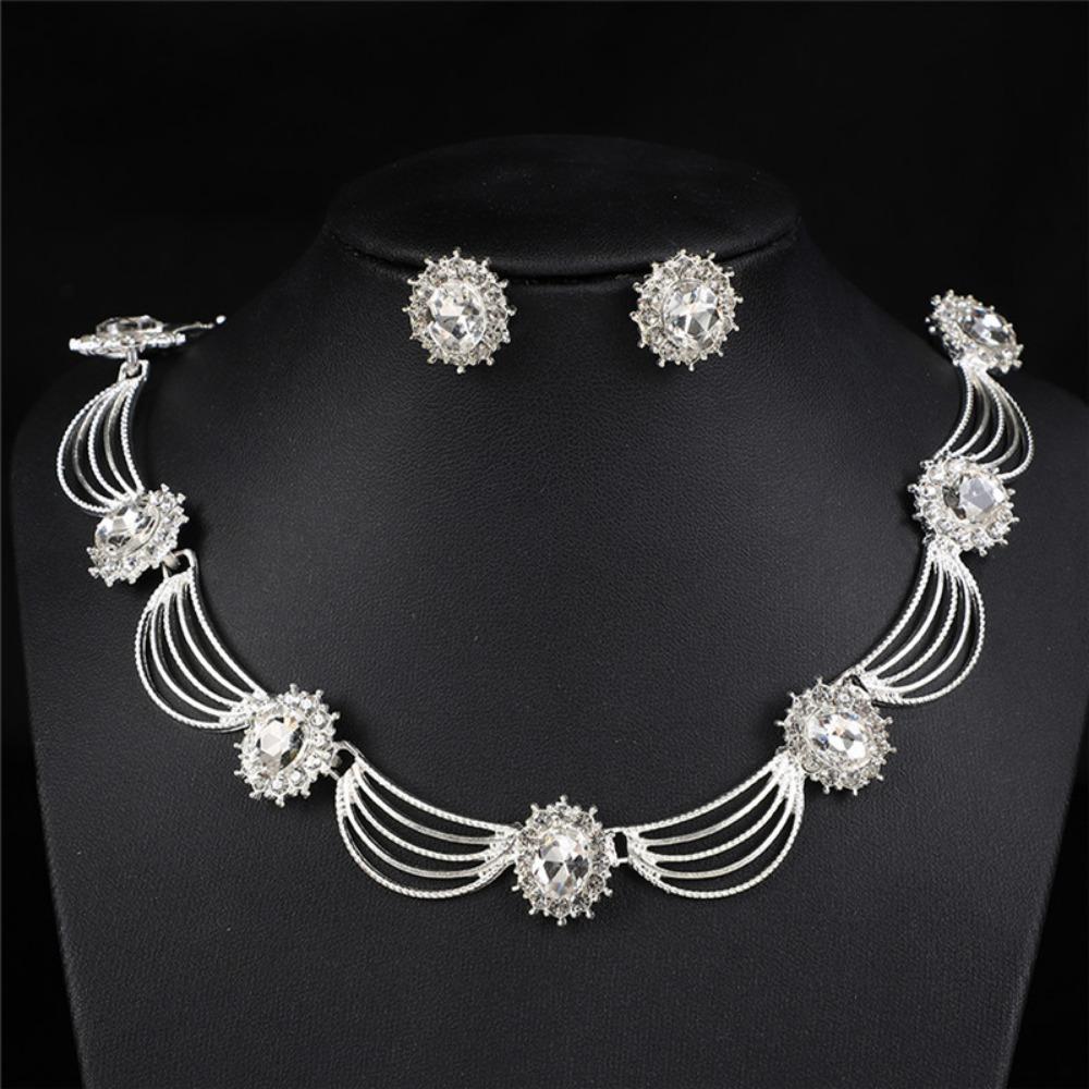 Gold-Tone Gemstone Necklace Set Geometric Statement Jewelry Set Earring Matching Set  Women