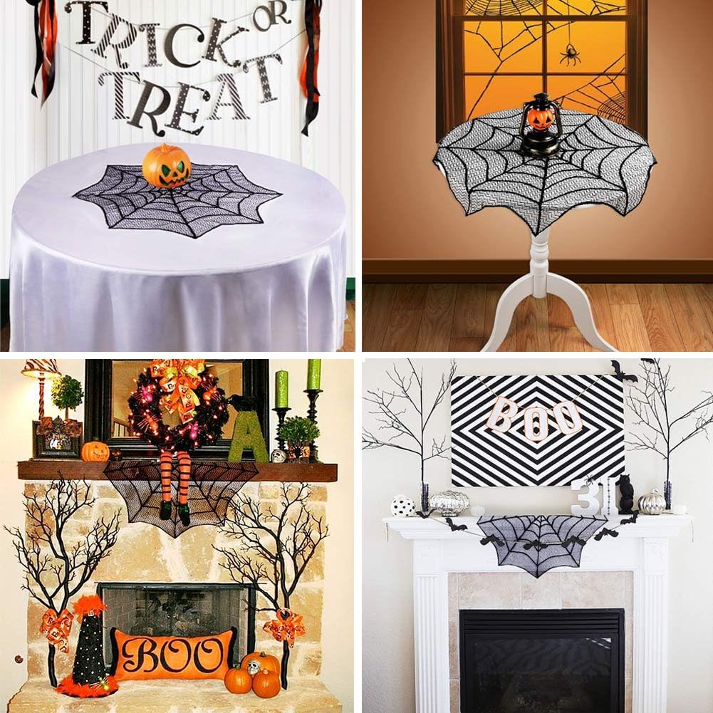 AerWo Halloween Tablecloth Lace Spiderweb Table Cloth, 30-Inch Centerpiece Round Table Topper for Halloween Decorations Festive Party Supplies