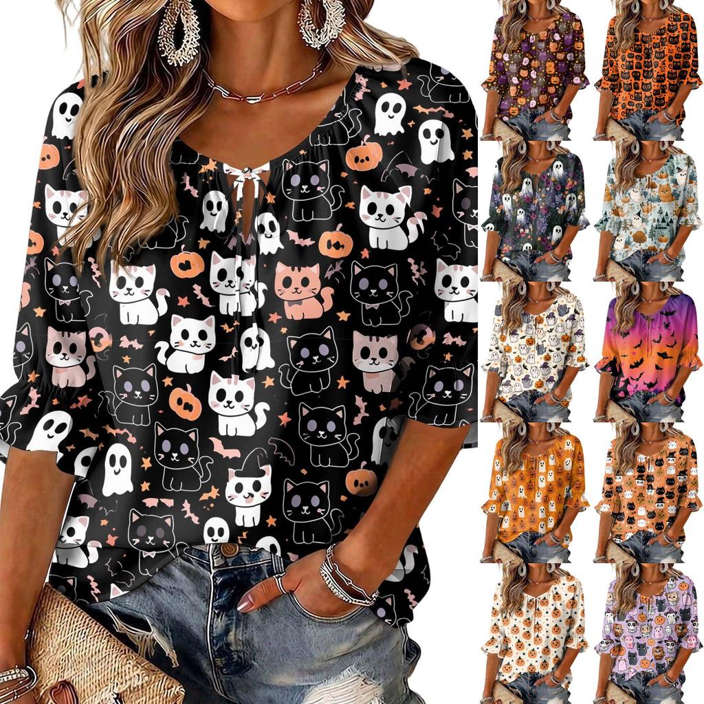 Women's Halloween Print Round Neck Tie Front Ruffle Blouse Three-Quarter Sleeves