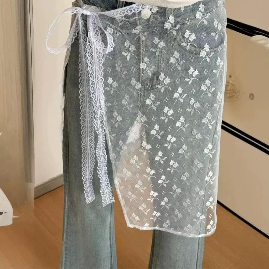 Korean Lace Embroidered Waistband Tulle Skirt with Layered Scarf Accessory