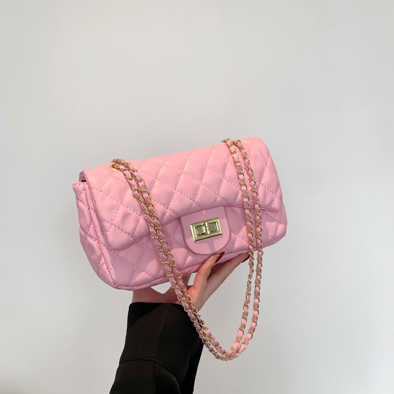 Rauten-Mode-Schlosskette Unterarmtasche Damen Frühling Neu Vielseitig Umhängetasche Kleines Quadratisches Tasche rosa