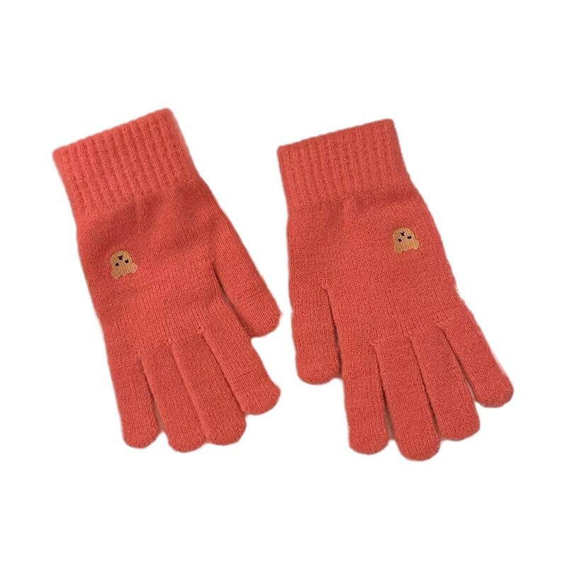 Korean Cute Bear Embroidered Wool Gloves for Women Autumn and Winter Knitted Touch Screen Student Warm Cycling Gloves Windproof