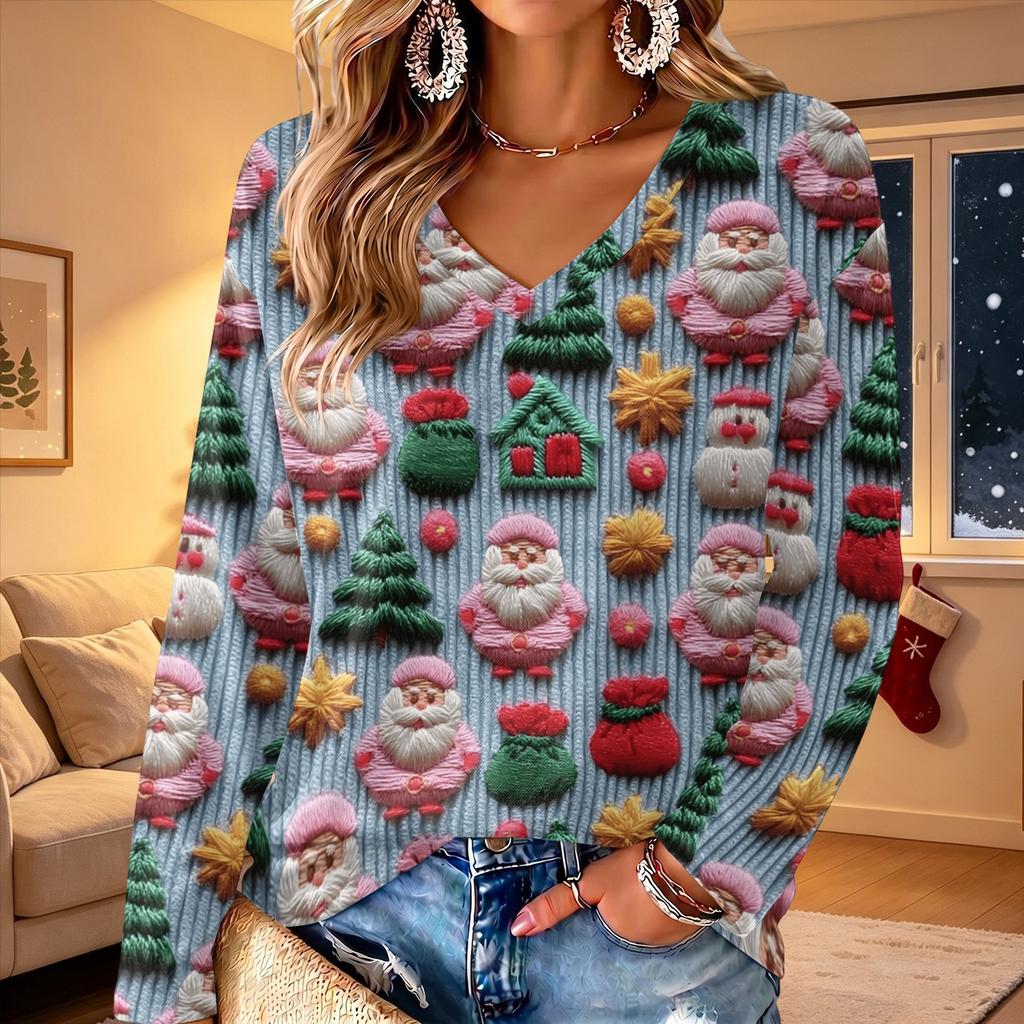 Women's V-Neck Long Sleeve Christmas Printed Lightweight Top for Spring and Summer