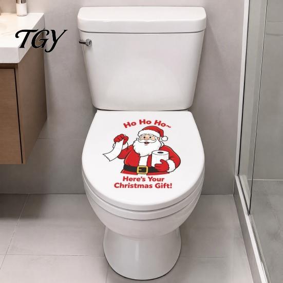 Removable Toilet Lid Art Christmas Stickers, Funny Santa Claus Delivering Tissues Waterproof Tank Seat Bathroom Accessories Decals, Cistern