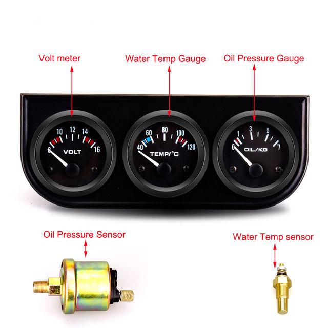 52MM 3 In 1 Oil Pressure Gauge + Volt Meter + Water Temp Gauge Kit Volt Meter with Sensor Oil Temperature Gauge Triple Meter