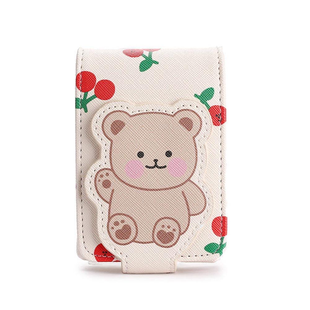 

Cute Cherry Bear Lipstick Bag with Mirror Cartoon Lipstick Protective Cover PU Leather Mini Lipstick Pouch Travel Use бежевый