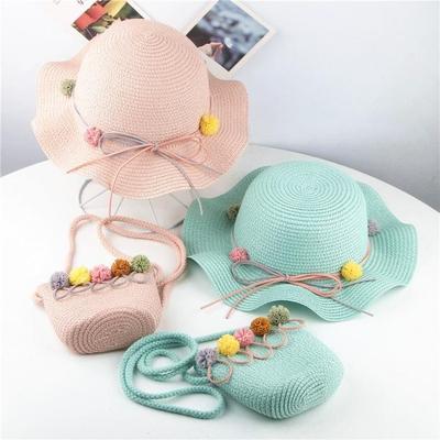 Children's Sunshade Fisherman Hat Summer Seaside Weave Children Straw Hat + Bag Girls Beach Sunscreen Hat Children Bag Gift