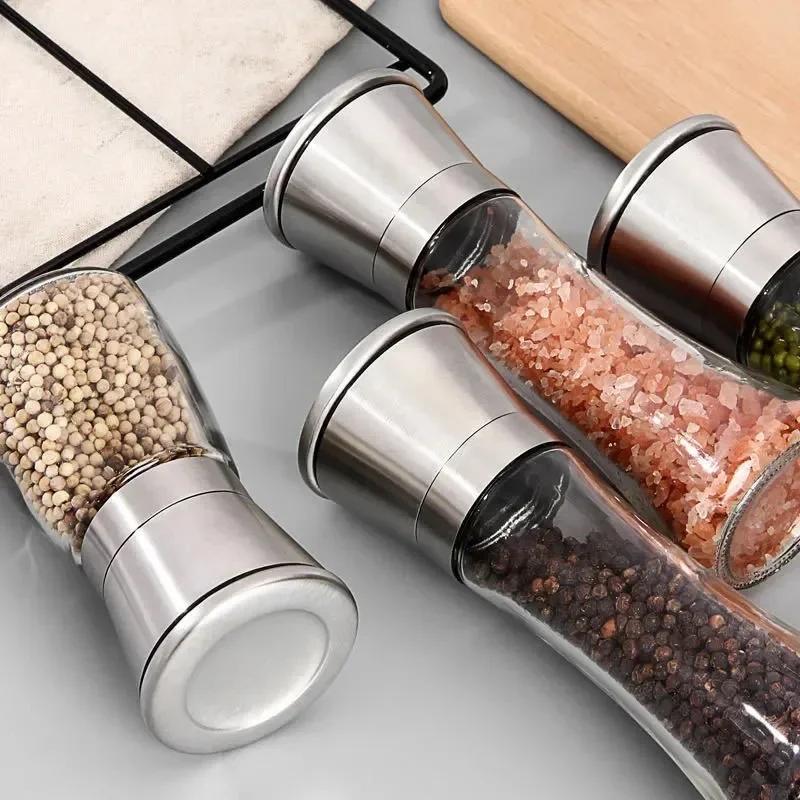 Grinder Stainless Steel Salt and Pepper Mill Manual Food Herb Grinders Spice Jar Containers Kitchen Gadgets Spice Bottles Glass