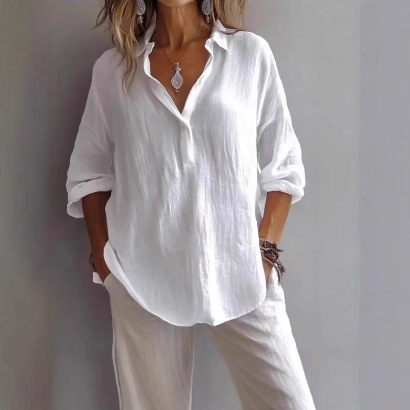 Women's Spring Summer Plus Size Blouse, Solid Color V-Neck Long Sleeve Loose Casual Shirt Top