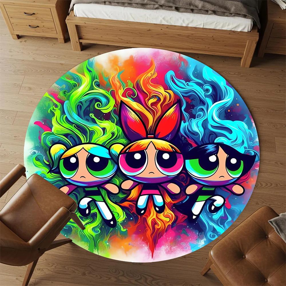 1pc Powerpuff Girls, Cartoon Round Chair mat Area Rug - Non-Slip, Floor Mat for Office, Bedroom, home decor Christmas Gift p0811035