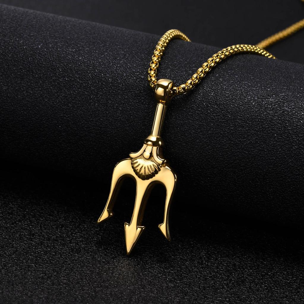 Vnox Men's Rock Punk Trident Pendant Necklace, Stainless Steel 60cm Length Box Chain, Hip Hop Metal Jewelry Accessory