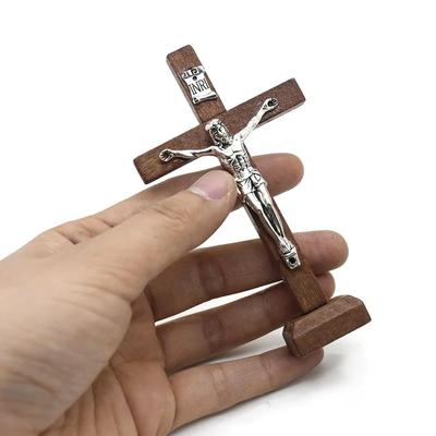 1 st Träkristus kors med stativ Vintage Religiös Kristus Stående Krucifix Kyrka Hem Hylla Bordsskiva Prydnader