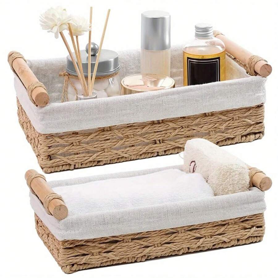 

Set Of 2 Storage Basket Wicker Baskets For Organizing With Handle Decorative Storage Bins For Countertop Toilet Paper Storage бежевый