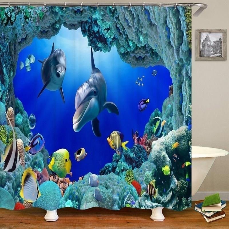 Ocean Shower Curtain Liner,Sea Theme Shower Curtain with 12 Hooks, Washable Dolphin Waterproof Shower Curtain for Bathroom Decor