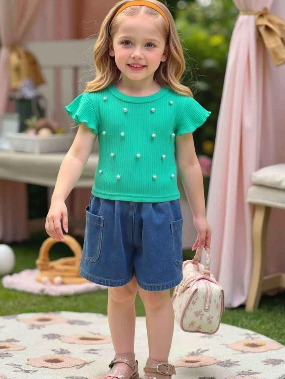 

Girls Beaded Sleeveless Top & Jeans Two-Piece Set 80 зелёный