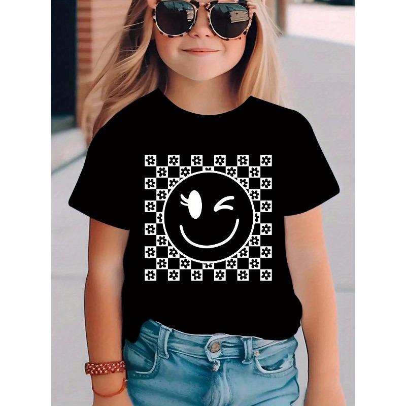 European sizes Joyful Face Print Girls' Short Sleeve T-Shirt | Summer Fashion Casual Versatile Top
