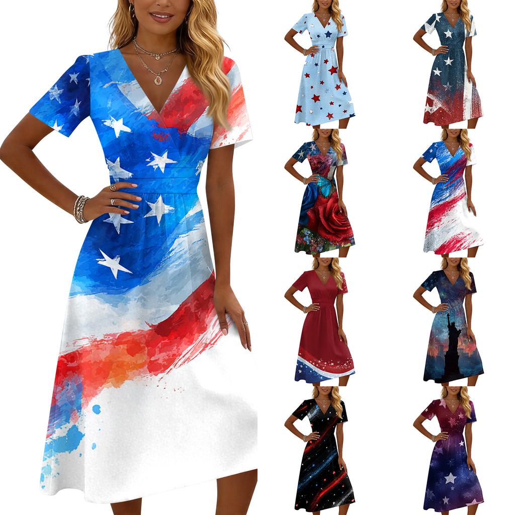 Independence Day Dress Womens V Neck Short Sleeve Midi Dress with Star Print Independence Day Dress Independence Day Dress