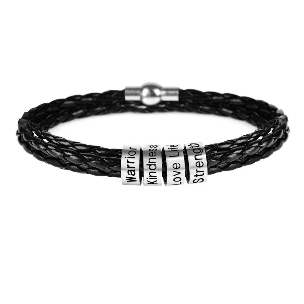 Lemegeton Custom Mens Bracelet 1-7 Names Engraved Beads Braided Leather Bracelets on Hand Personalized Jewelry Friendship Family