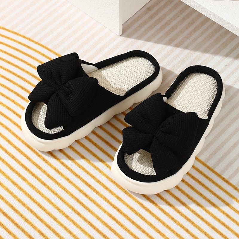 Women's Fashionable Black Bow Slippers with Thick Soles - Comfortable Indoor/outdoor Shoes for All Seasons, Sandals for All Seasons