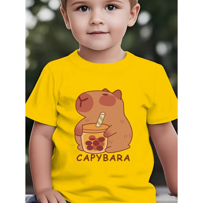 European sizes Summer Fashion Boys' Short-Sleeve T-Shirt "CAPYBARA" Cartoon Element with Capybara Holding Bubble Tea Print Outdoor Casual Top