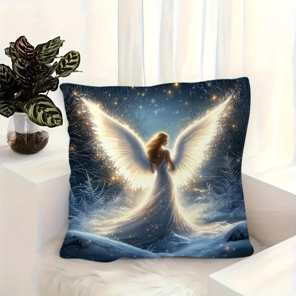 Magical Winter Angel Print Throw Pillow Cover Glowing Snowy Forest Angel Art Cushion Case For Enchanted Home Decor Couch
