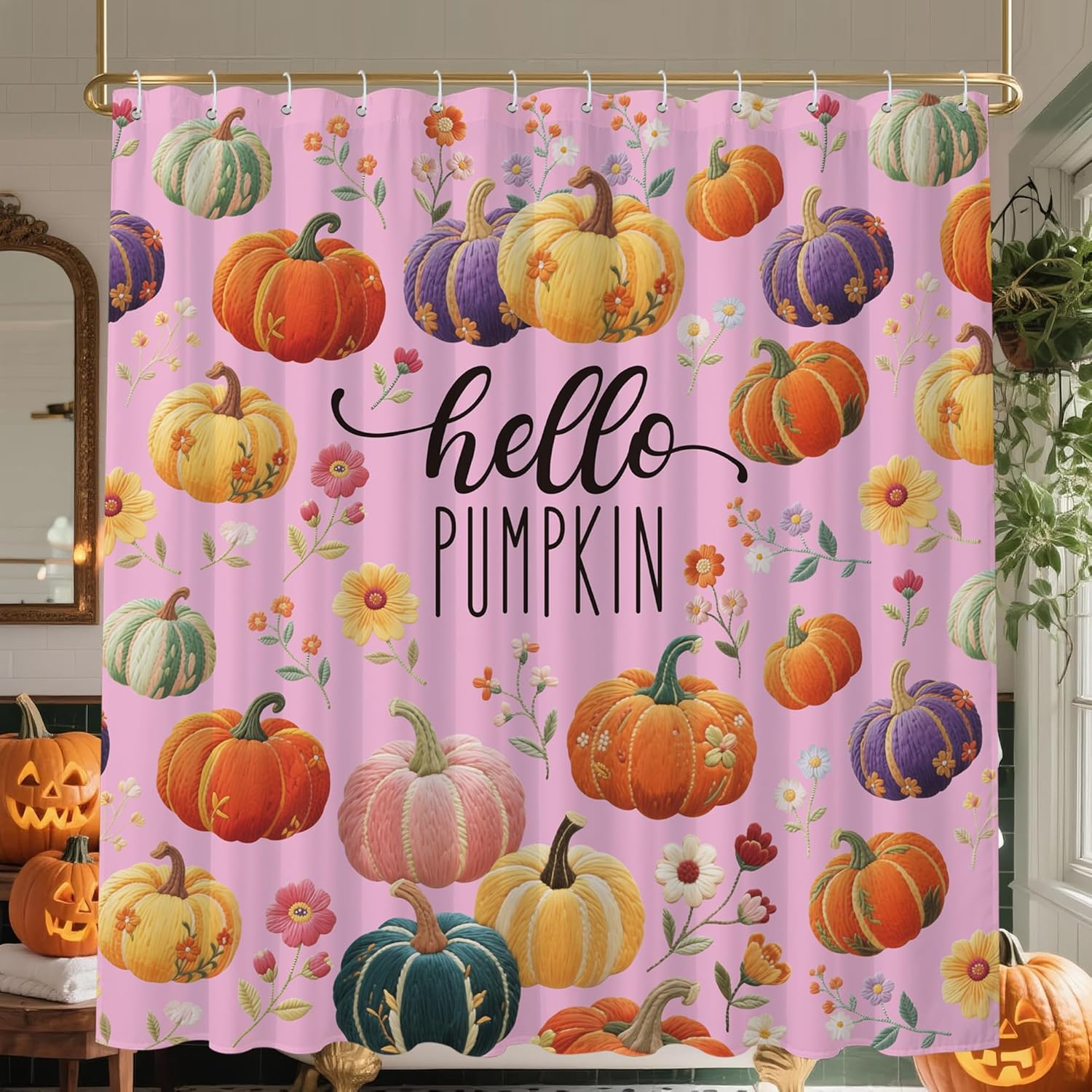 Fall Pumpkin Floral Shower Curtain with Thanksgiving Harvest Pattern, Waterproof Heavy Duty Washable Bathroom Decor 90x180cm35x71in