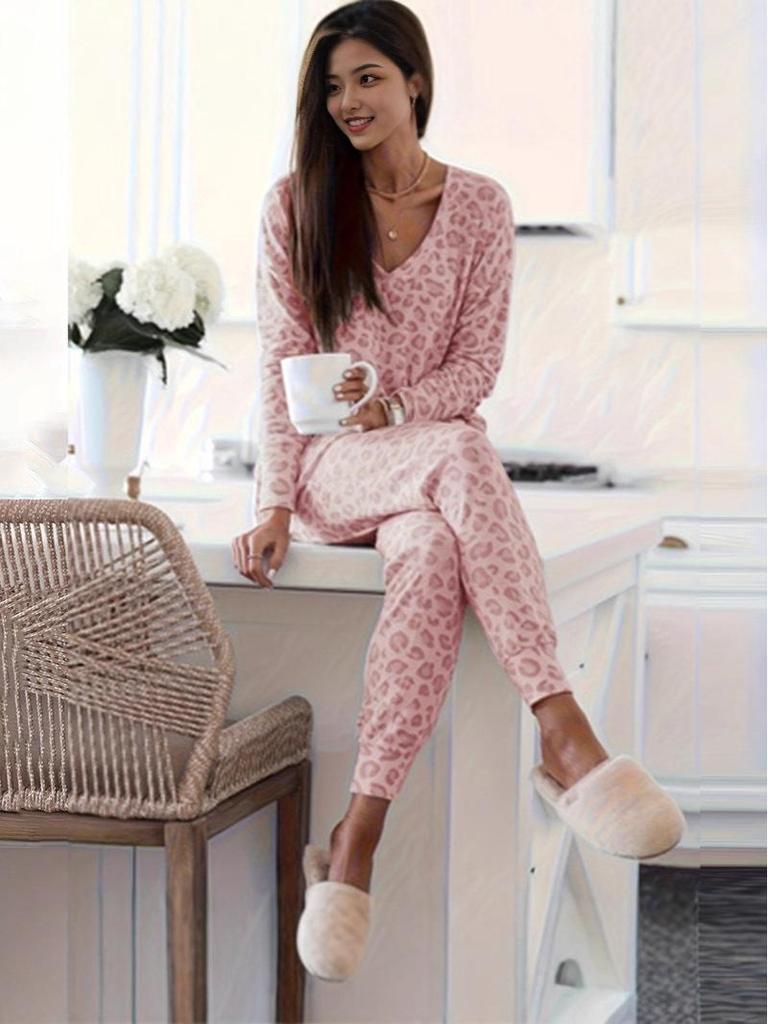 European and American Plus Size V-neck Butterfly Print Long-sleeved Top & Pants Leopard Set.