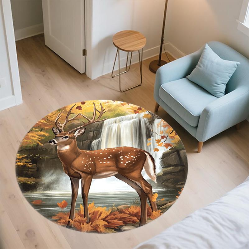Deer by Waterfall Round Area Rug,Carpet Rug for Living Room Bedroom Sofa Playroom Decor,Non-slip Floor Mat