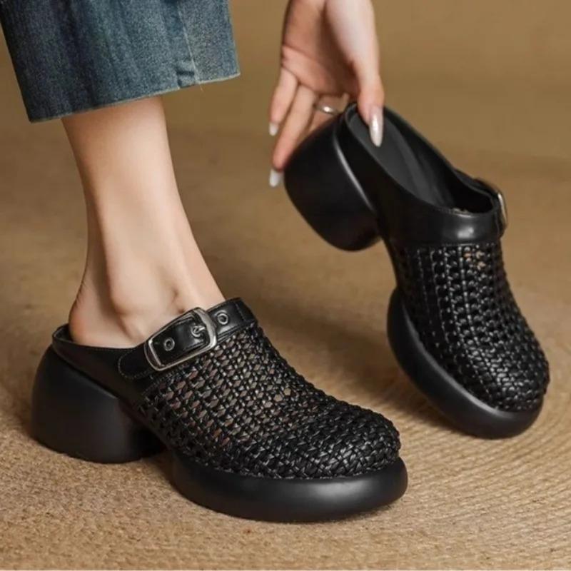 Mesh Platform High Heels Weave Women Slippers Hollow Sandals Mules Casual Shoes Woman 2025 Summer Fad Beach Loafers Slides Dress