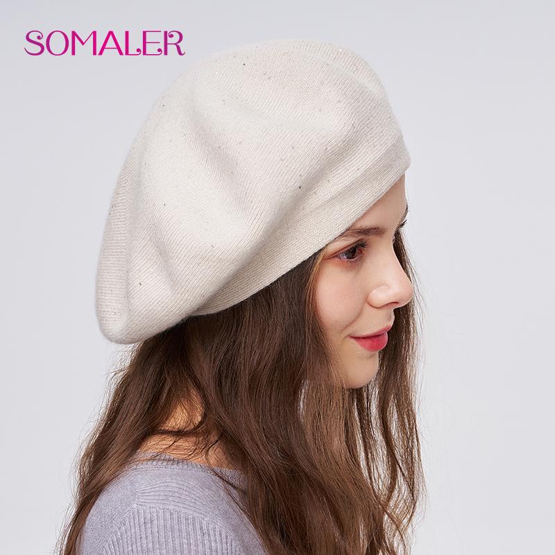 SOMALER Winter Beret For Women Autumn Wool Knit Beret Hats With Sequins Warm Double Layer Classic Frech Style Beret Cap