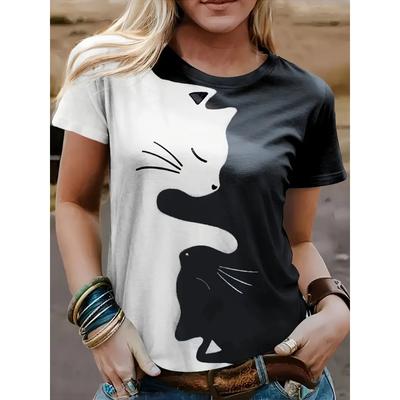 Summer Women's T Shirt Casual Short Sleeve Tee Cute Cat Graphic Print Fashion Streetwear Crew Neck Pullover Female Clothing