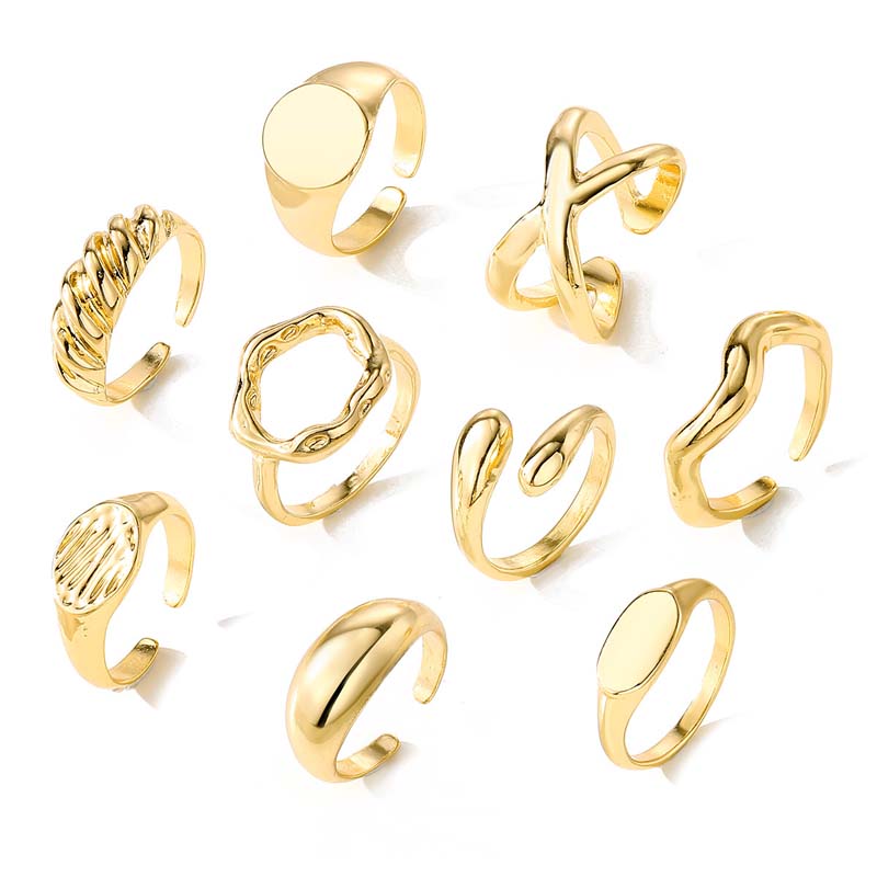 9Pcs/set Gold Color Smooth Geometric Open Rings Set for Women Men Exaggerated Metal Irregular Adjustable Rings Jewelry Gifts