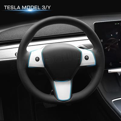 3pcs For Tesla Model 3 Y 2023 2022  Carbon Fiber Car Steering Wheel Panel Cover Trim Sticker Frame Interior