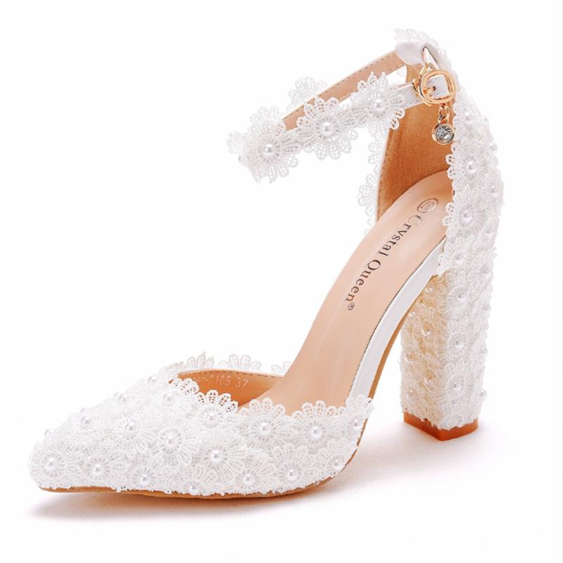 Summer New Thick Heel Women High Heels Water Diamond Lace Women's Single Shoes Bridal Wedding Shoes Ladies Banquet Party Sandals