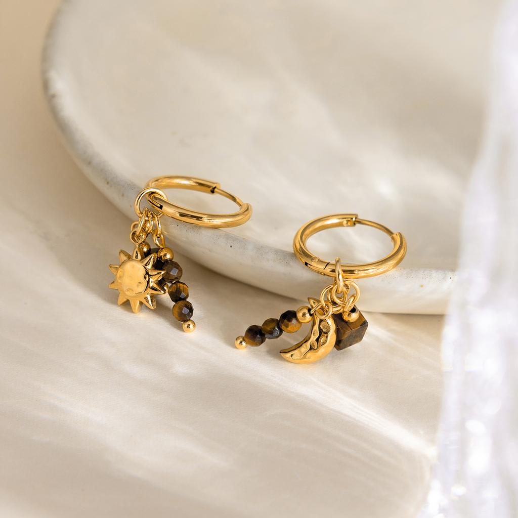 Youthway Vintage Tiger Eye Stone Drop Earrings For Women Asymmetric Moon Star Gold Plated Stainless Steel Earrings Jewelry