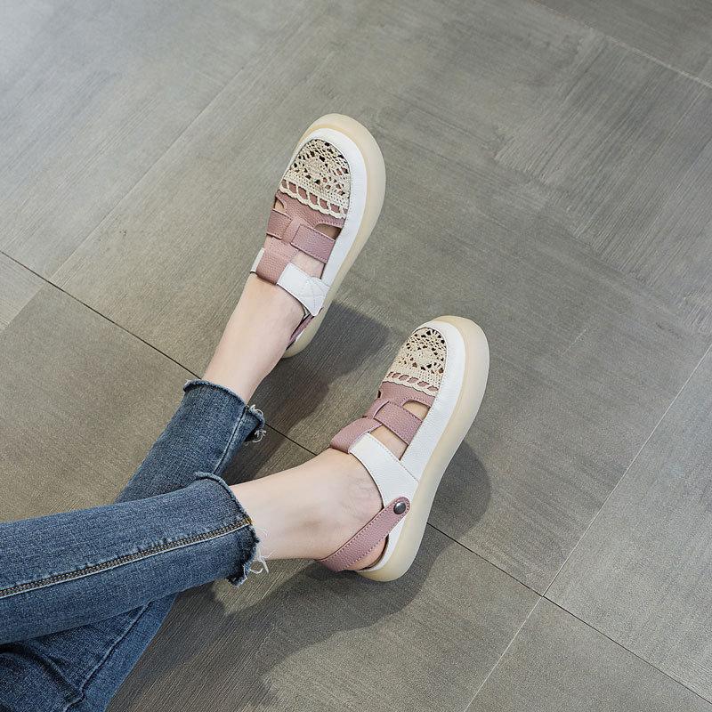 Fashion GKTINOO Genuine Leather Roman Sandals 2025 Summer Women Sneakers Closed Toe Comfortable Hollow Soft Sole Mom Shoes Plus Size