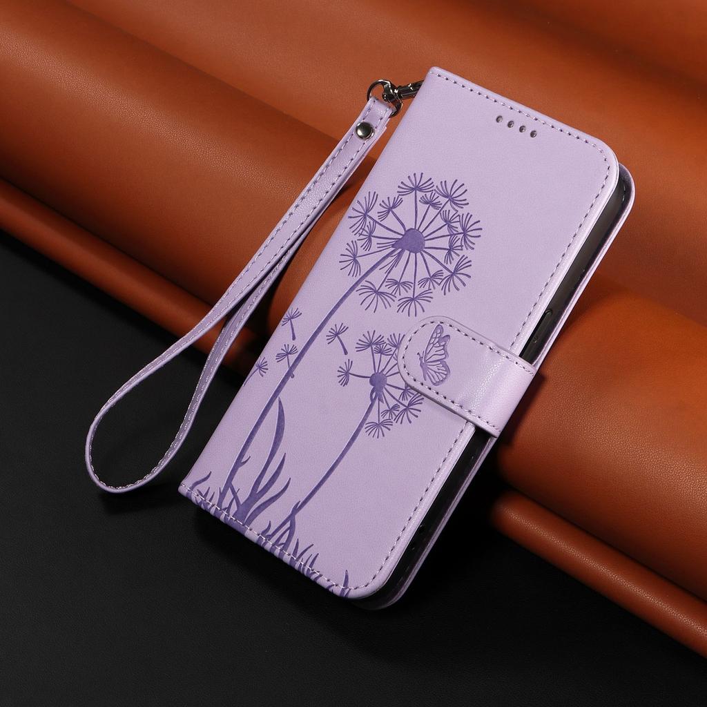 Leather Wallet Flip Case For OPPO A57S A77 A15 A15S A16 A16S A54S A17 A96 4G 5G Dandelion Embossed Design, Card Slots, Wrist Strap
