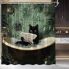 Black Cat Bath Reading Newspaper Shower Curtain, Green Tropical Leaf Design,Waterproof Fabric Bath Curtain Whimsical Bathroom