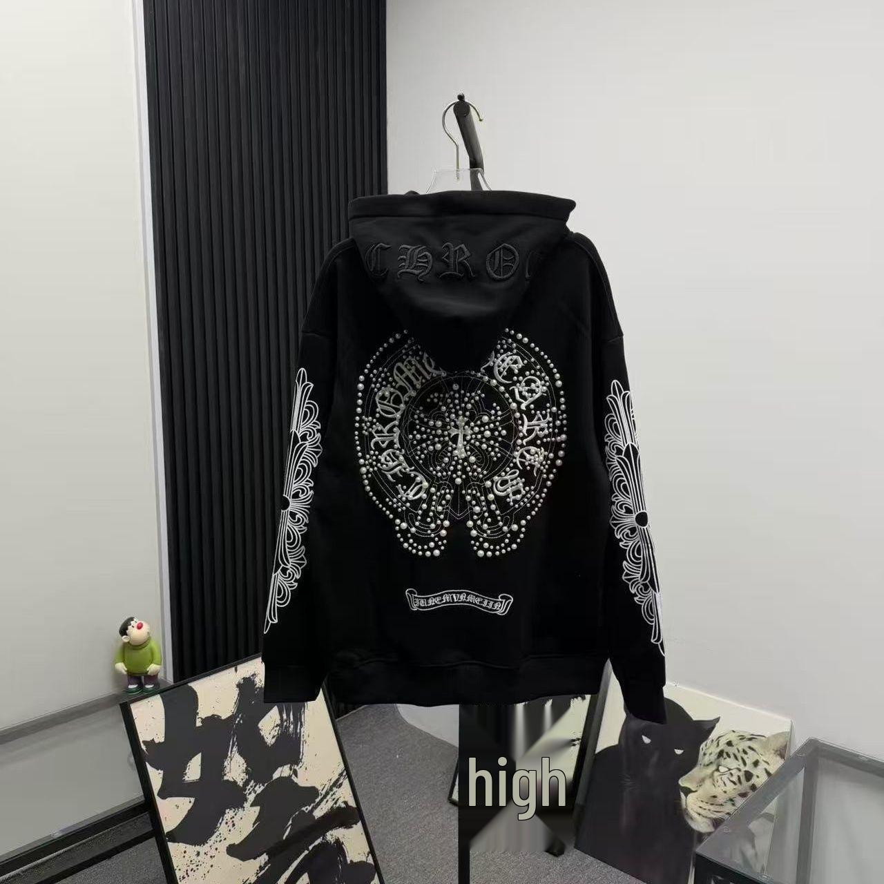 Trendy Pearl Embroidery Sanskrit Horseshoe Hooded Sweatshirt Unisex Plus Velvet XL