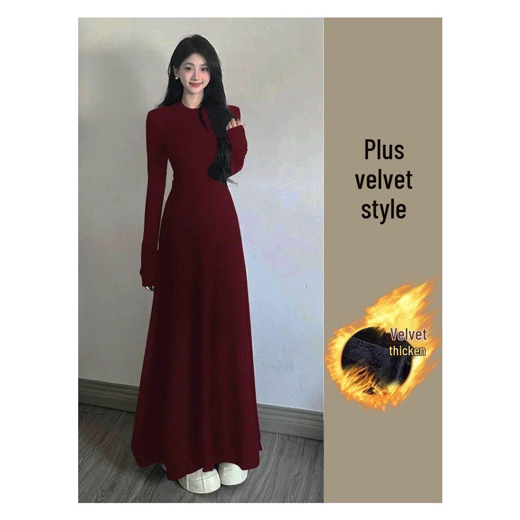 Velvet Ankara Red Slimming Long Winter Dress with Large Hem Ankara Red Long Thin Fleece