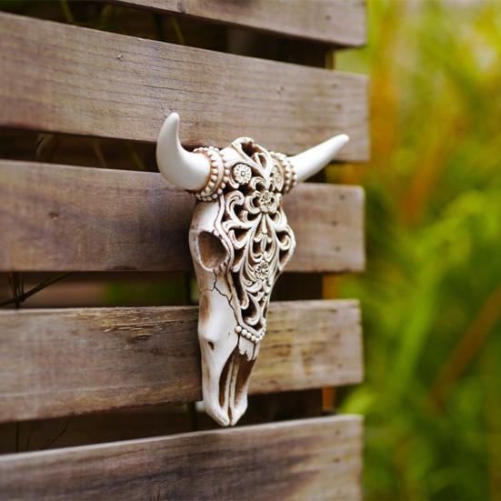 Retro Stierschädel Ornament Harz 3D Hohl Stierschädel Wandskulptur Longhorn Kuhkopf Wandkunst Dekor für Wohnzimmer