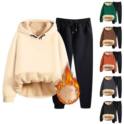 Women's Fashion Solid Colour Autumn And Winter Padded And Thickened Hooded Sweatshirt Sweater Sweatpants Casual Two-Piece Set