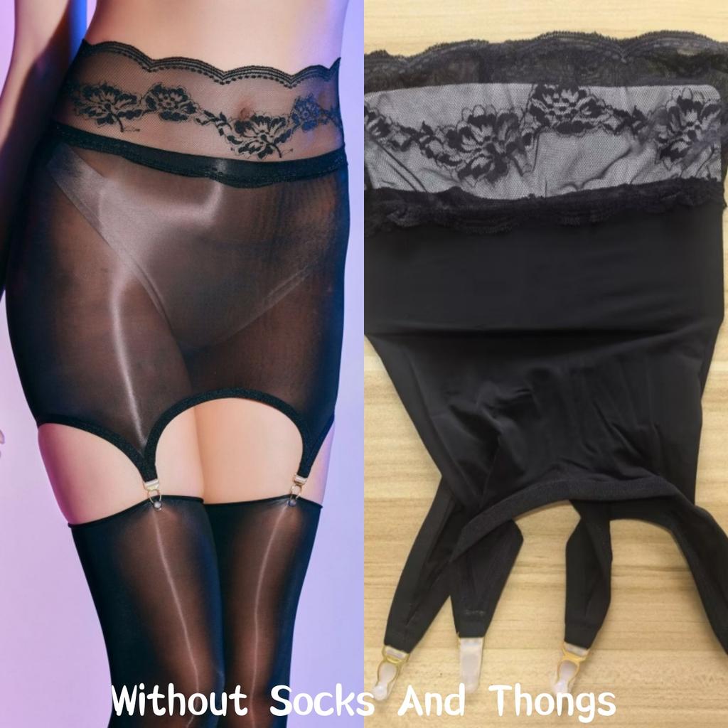 2 In 1 Lace Transparent Mini Skirt With Socks Clips Oil Shiny Hip Wrap Garter Belt Dress Sexy Lingerie Clubwear For Stockings