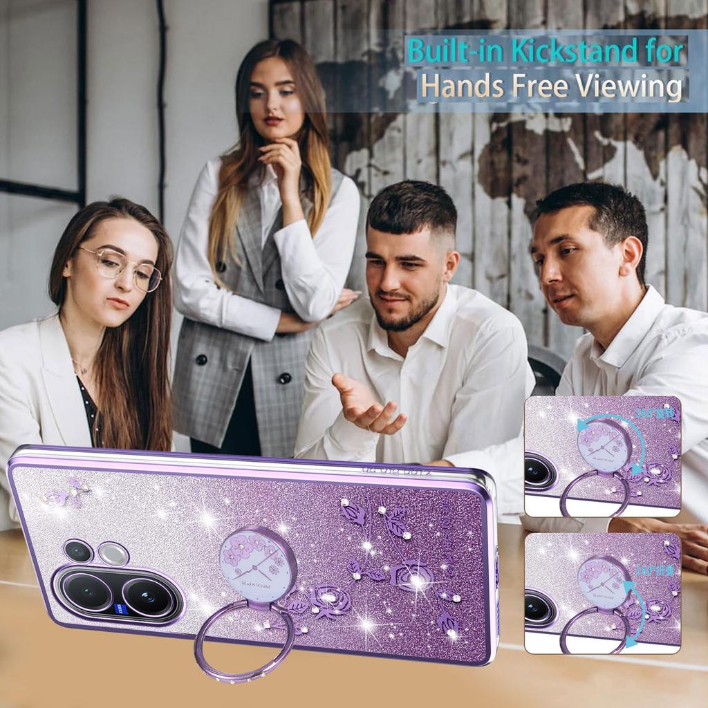 For vivo V60 5G Case Ring Kickstand TPU Flowers Phone Cover Gradient Glitter