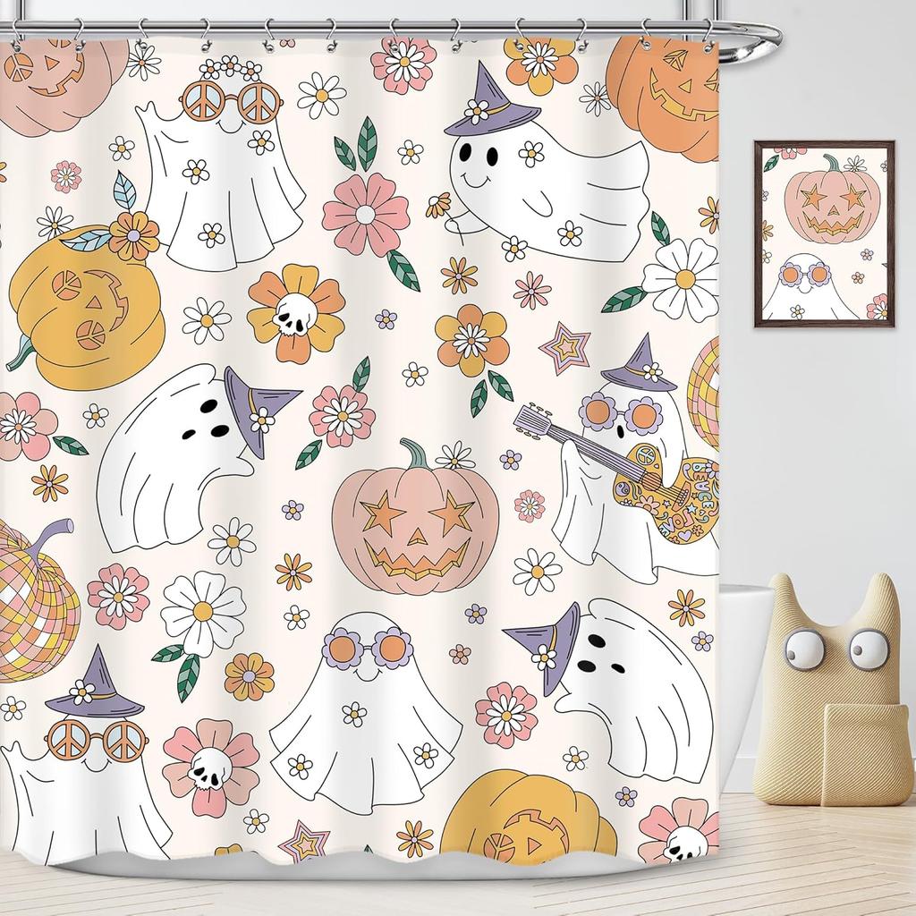 Halloween Duschvorhang Kinder Retro Lustig Geist Cartoon Niedlich 70er Y2k Herbst Kürbisse Blume Duschvorhang Badezimmer Set