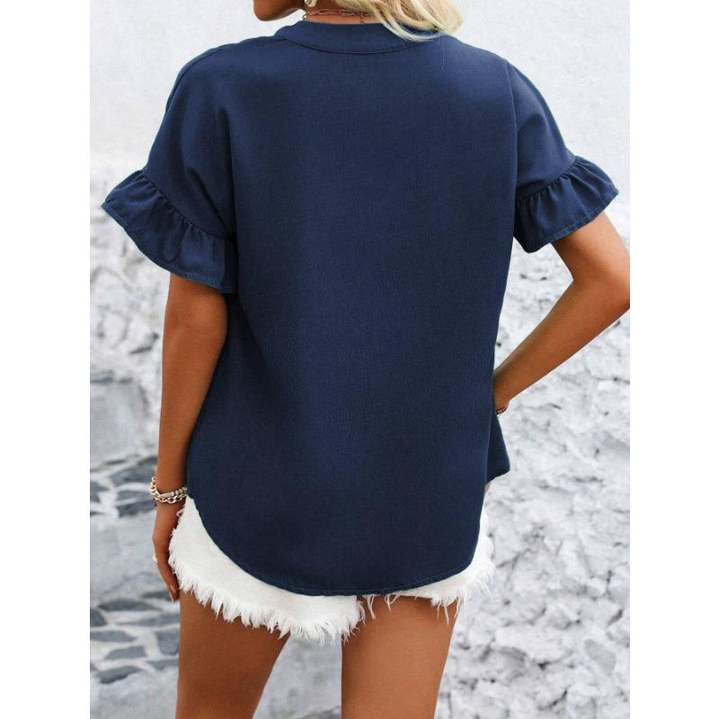 YYFS Women's Fashion Casual Summer Spring Solid Color Print Short Sleeve V-Neck Blouses & Shirts